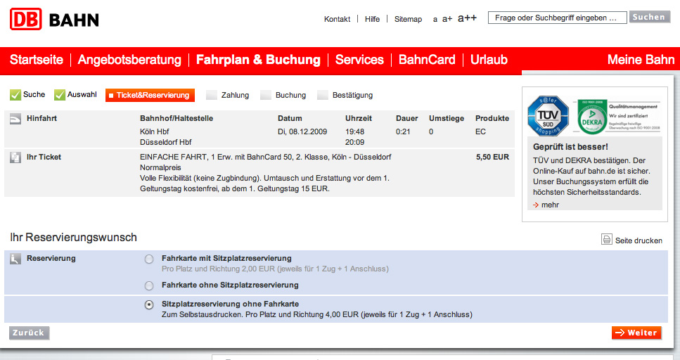 Keine Buchung 3 Nur Reservierungen für übermorgen, Fahrkarte anklicken nicht